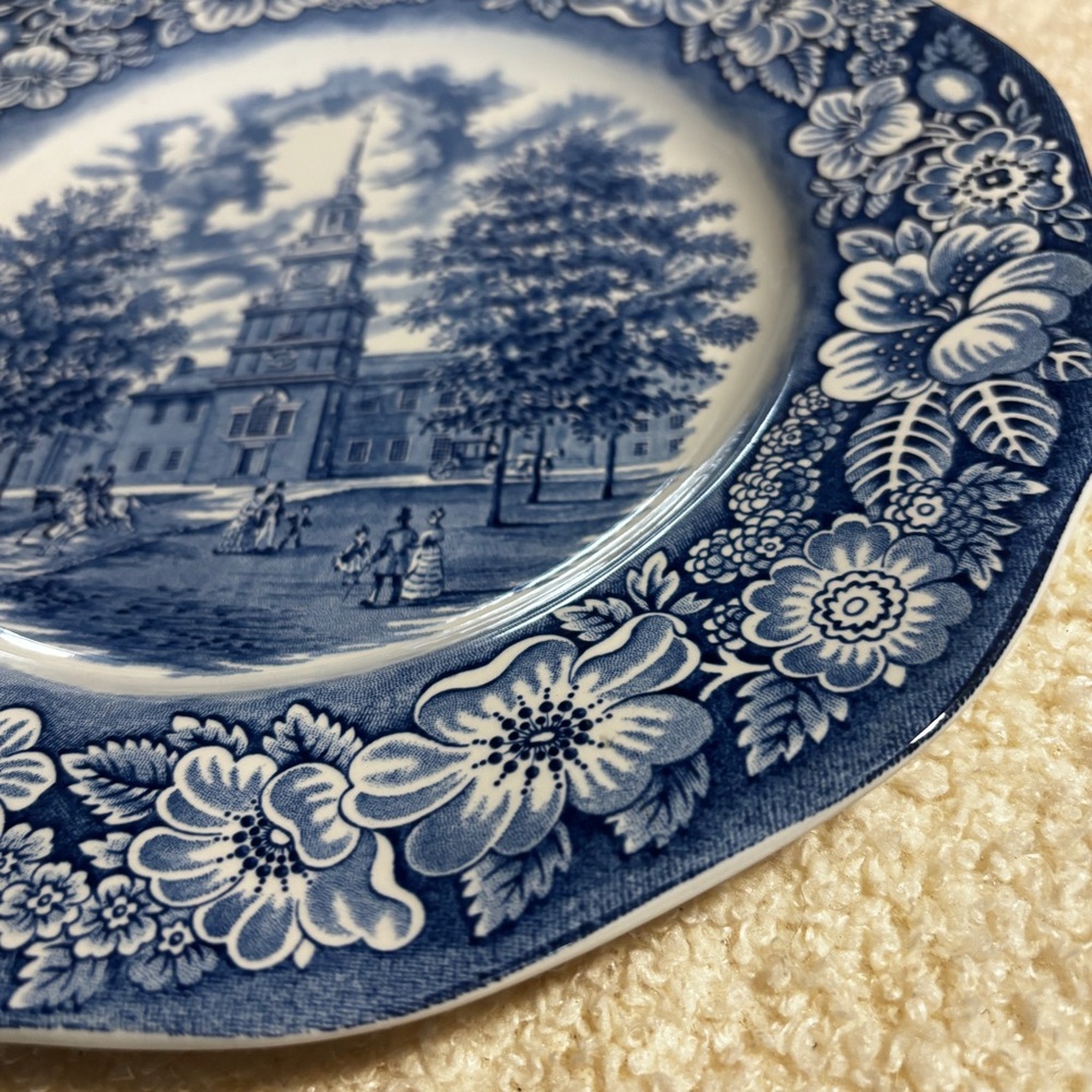 Vintage Staffordshire Liberty Bell  Blue and White Independence Hall Plate